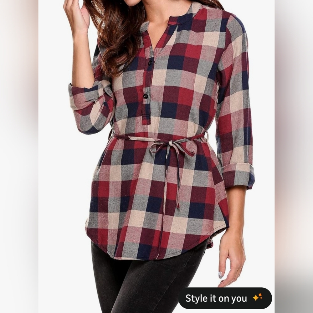 Women's Long Sleeve Plaid Cotton Flannel Button-Up Shirt Top With Tie Belt